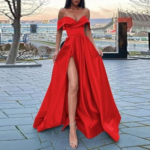 Elegant Off Shoulder Satin Evening Gown High Slit Floor Length Prom Dress For Formal Party Banquet Wedding Guest