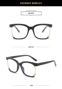 Detail views of retro black and gold oversized glasses frames showing front and side angles