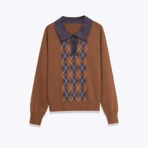 Retro Argyle Knitted Polo Shirt Vintage Long Sleeve Turn Down Collar Button Placket Preppy Knitwear Sweater Women