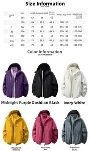 Größentabelle für 3-in-1 wasserdichte Jacke mit Brustumfang, Länge und Gewichtsangaben