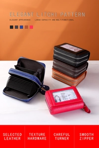 Litchi pattern leather wallet with RFID blocking and double zippers in five colors