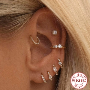 S925 sterling silver earring set with zircons featuring small hoops and ear cuffs