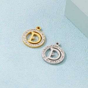 Titanium steel necklace with crystal pavé circle pendant featuring hollow D initial