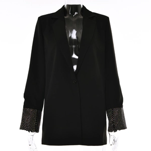 Dettaglio di paillettes colorate sui polsini di un blazer nero a maniche lunghe e bottone
