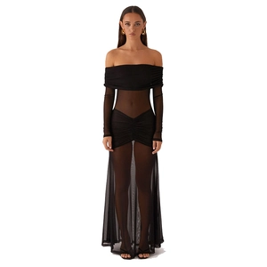Full body view of a black off-shoulder mesh dress with long sleeves and pleated neckline