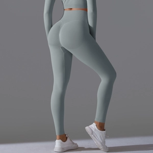 Greyish blue seamless high-waist yoga leggings with scrunch butt lift and matching top