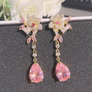 Pink teardrop crystal flower earrings with dangling water drop gemstone in gold finish