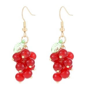 Retro grape drop earrings with red resin beads and green leaf charms on gold hooks