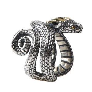Vintage 925 silver snake ring with scales texture and gold accents on white background