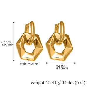Detailed view of 18k gold plated stainless steel hexagonal earrings with size parameters
