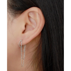 Close-up of S925 sterling silver hoop earring with beaded chain fringe on ear