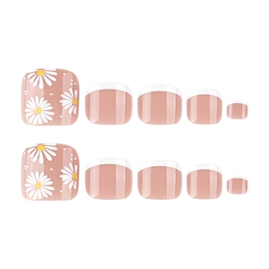 French tip toe press-on nails with white daisy patterns and glossy nude base