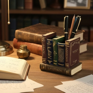 Retro resin book-shaped pen holder ornament for vintage desk decor and organization