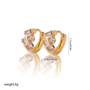 Close-up of gold-plated hoop earrings with clear cubic zirconia pavé and dimensions