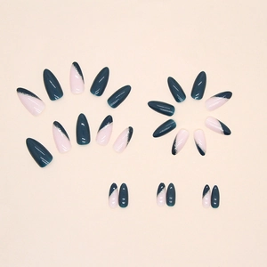 Dark navy almond press-on nails set with elegant green and pink glitter patchwork