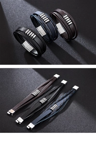 Macro detail of multi-layer braided leather bracelets with secure magnetic metal clasps