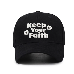 Schwarze Baseballkappe aus Baumwolle mit weißem Keep Your Faith Stickerei Design