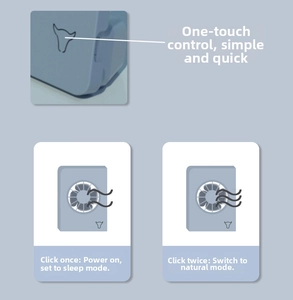 Detail of blue desktop fan showing one-button operation for sleep and natural wind modes