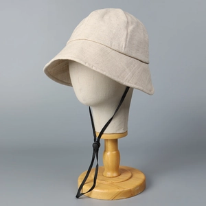 Atmungsaktiver beige Damen-Fischerhut aus Baumwollleinen mit schwarzem Kordelzug