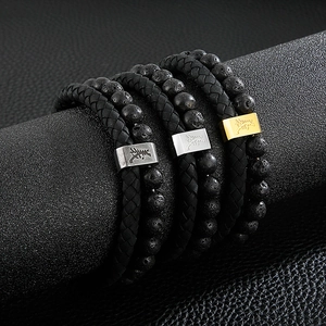 Men's double-layer braided leather bracelet with volcanic stone beads and silver metal clasp