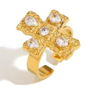 18K gold plated stainless steel cross ring with colorful crystals and hammered texture