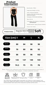 Detailed sizing chart and material specs for black maternity yoga jumpsuit with white trim