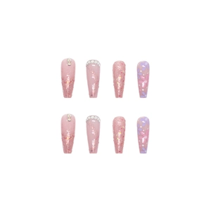 Pink and purple coffin press-on nails with floral patterns, glitter, and pearls