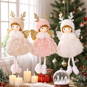 Christmas Angel Girl Hanging Ornament Plush Reindeer Antler Sequin Mesh Wing Doll Holiday Tree Decoration Novelty Gift