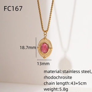 18K gold plated stainless steel necklace with oval rhodochrosite pendant for women