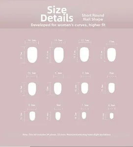 Size chart for pink cat-eye press-on nails with 12 short round shapes dimensions