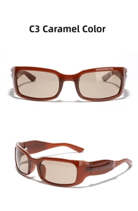 Detailed view of Y2K style square caramel translucent sunglasses with brown lenses