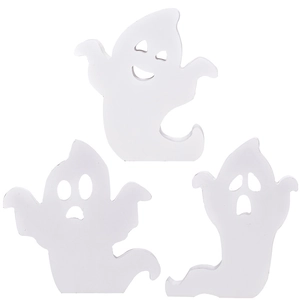 Three-piece set of white wooden ghost figurines for Halloween tiered tray decorations