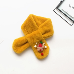 Close-up of bright yellow plush Christmas scarf with cute reindeer doll and soft texture