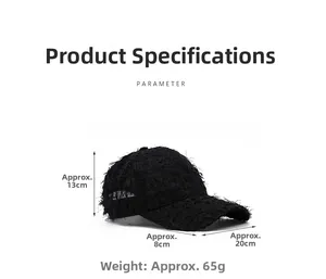 Detail view of a black distressed baseball cap with fringe texture and 13cm height spec
