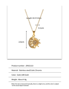 Detailed view of 18K gold plated stainless steel sun moon pendant with size specifications