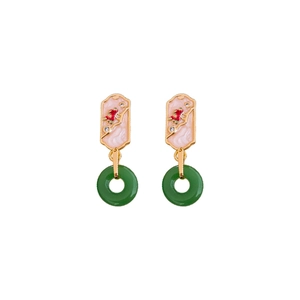 New Chinese style gold-plated drop earrings with pink glass and green enamel rings
