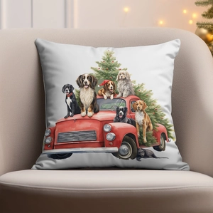 Détail de la housse de coussin de Noël avec vieux camion rouge et chiens mignons