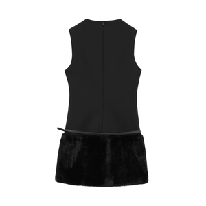 Sleeveless black dress with waist belt and faux fur trim hemline, back view presentation