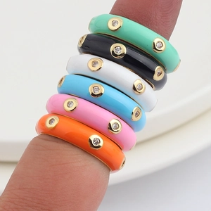 Colorful enamel rings with AAA zirconia stones in stacked fashion styling for women