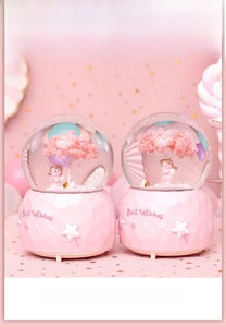Close-up of pink cherry blossom angel music box with Best Wishes text on base