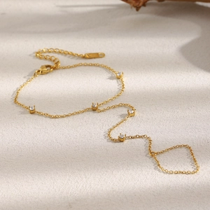 18K gold plated stainless steel hand chain with five square zircon stones for women