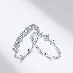 925 Sterling Silver Zirconia Stackable Ring Row Style And Main Stone Design Mint Green White Contrast Elegant Jewelry For Women