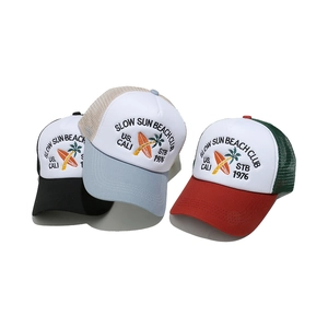 Three embroidered mesh trucker hats featuring coconut tree and beach club summer designs