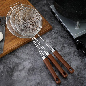 Set of three stainless steel mesh skimmers with ergonomic faux wood handles for kitchen use