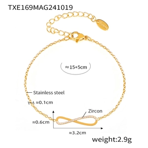Detail view of gold infinity zircon bracelet with stainless steel sizing specifications