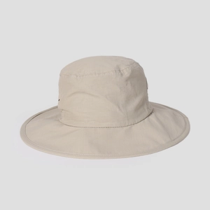 Close-up of wide-brimmed nylon outdoor sun hat with reinforced multi-row stitching detail