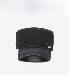 Front view of washed cotton military cap in black with side metal logo detail