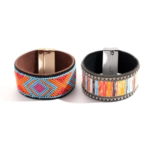 Ethnic wide bead embroidered leather bracelet with colorful resin patterns and magnetic clasp