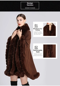 Close-up of fluffy faux rabbit fur collar and soft knit texture on brown winter poncho