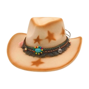 Chapeau de cow-boy en laine beige à motifs d'étoiles avec perles turquoise et franges